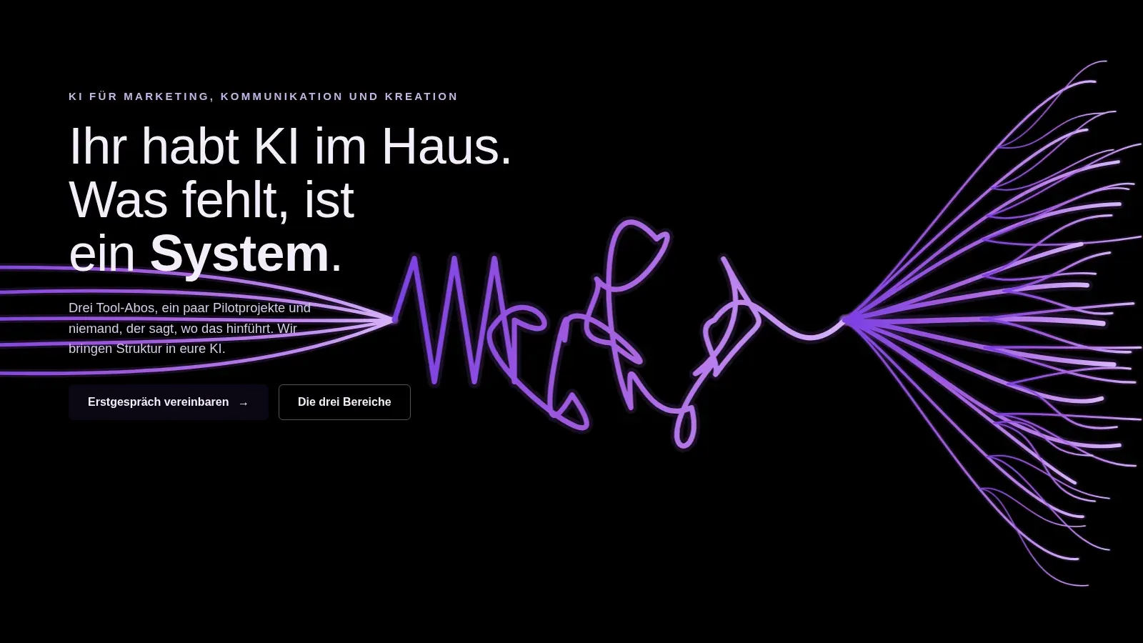 Früher Prototyp der Startseite: schwarzer Hintergrund mit violettem Linienmotiv, Überschrift „Ihr habt KI im Haus. Was fehlt, ist ein System.“