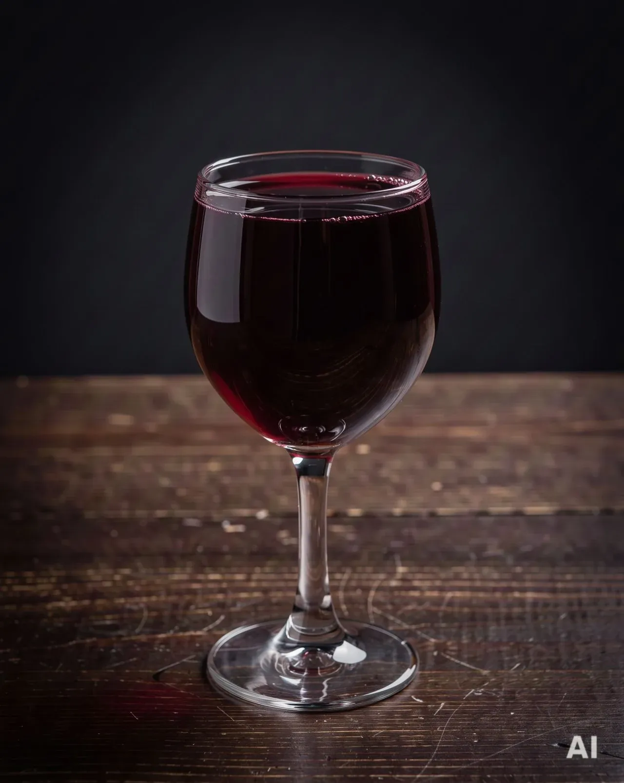Weinglas, bis knapp unter den Rand mit Rotwein gefüllt, auf einem dunklen Holztisch vor schwarzem Hintergrund.
