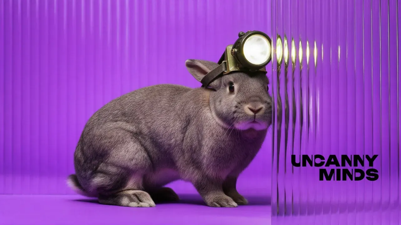 Grauer Hase mit Grubenlampe vor violettem Hintergrund, rechts mit Riffelglas-Effekt und Uncanny-Minds-Logo