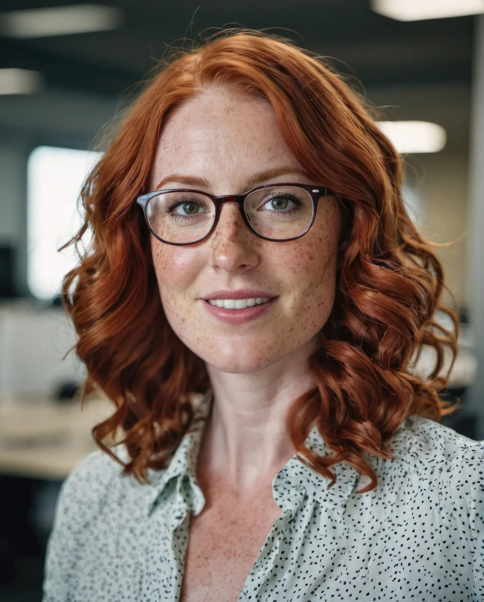 Porträt einer lächelnden Frau mit roten Locken, Brille und gepunkteter Bluse in einem unscharfen Büro