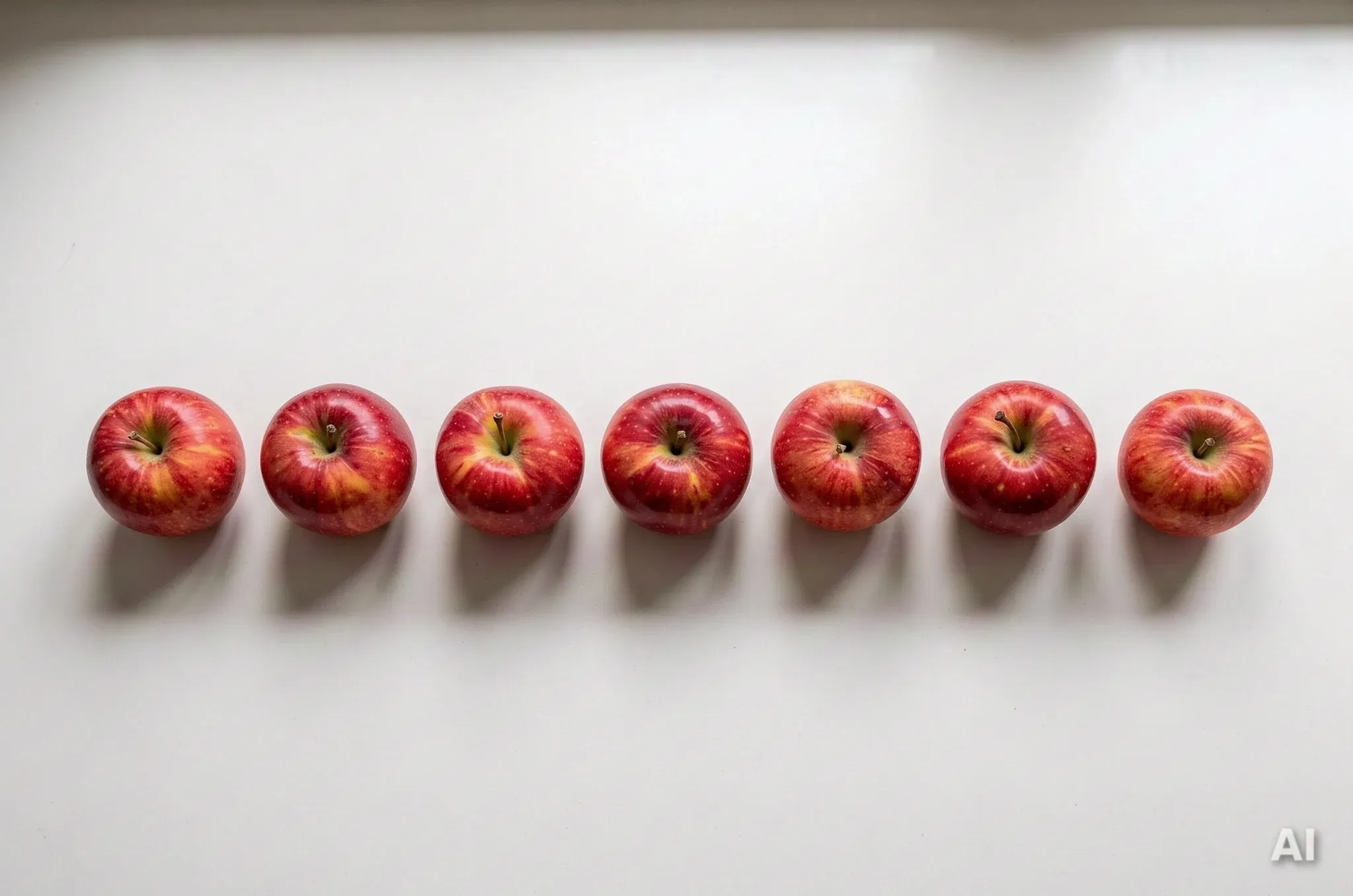 Sieben rote Äpfel in einer Reihe auf einer weißen Fläche, von oben fotografiert.