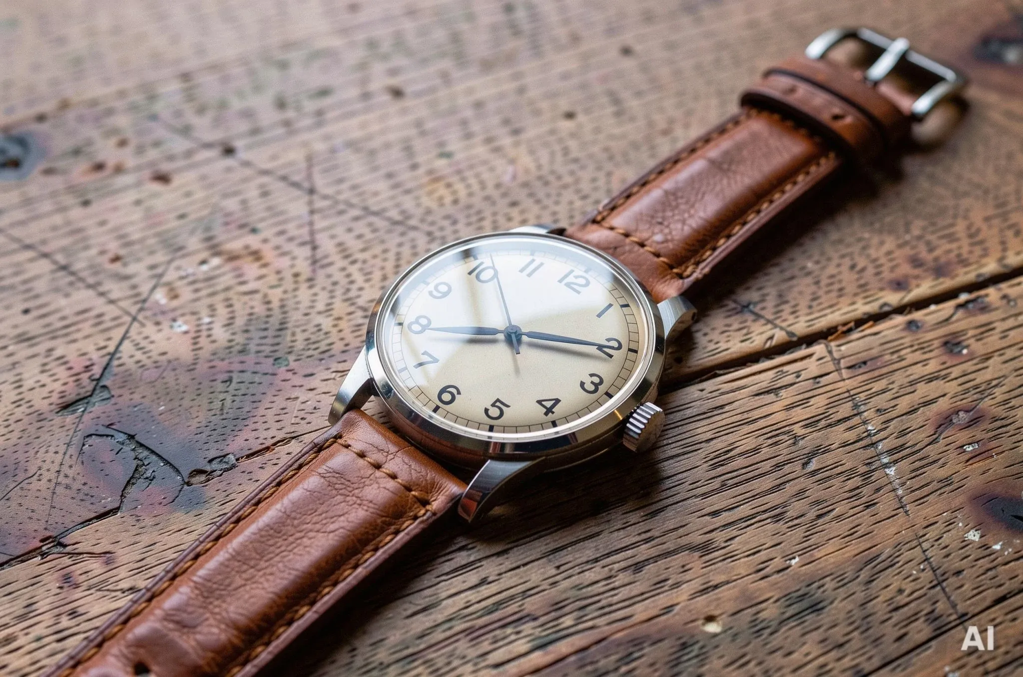 Armbanduhr mit cremefarbenem Zifferblatt und braunem Lederarmband auf einem Holztisch. Ein Zeiger zeigt auf die Acht, der andere fast auf die Drei.