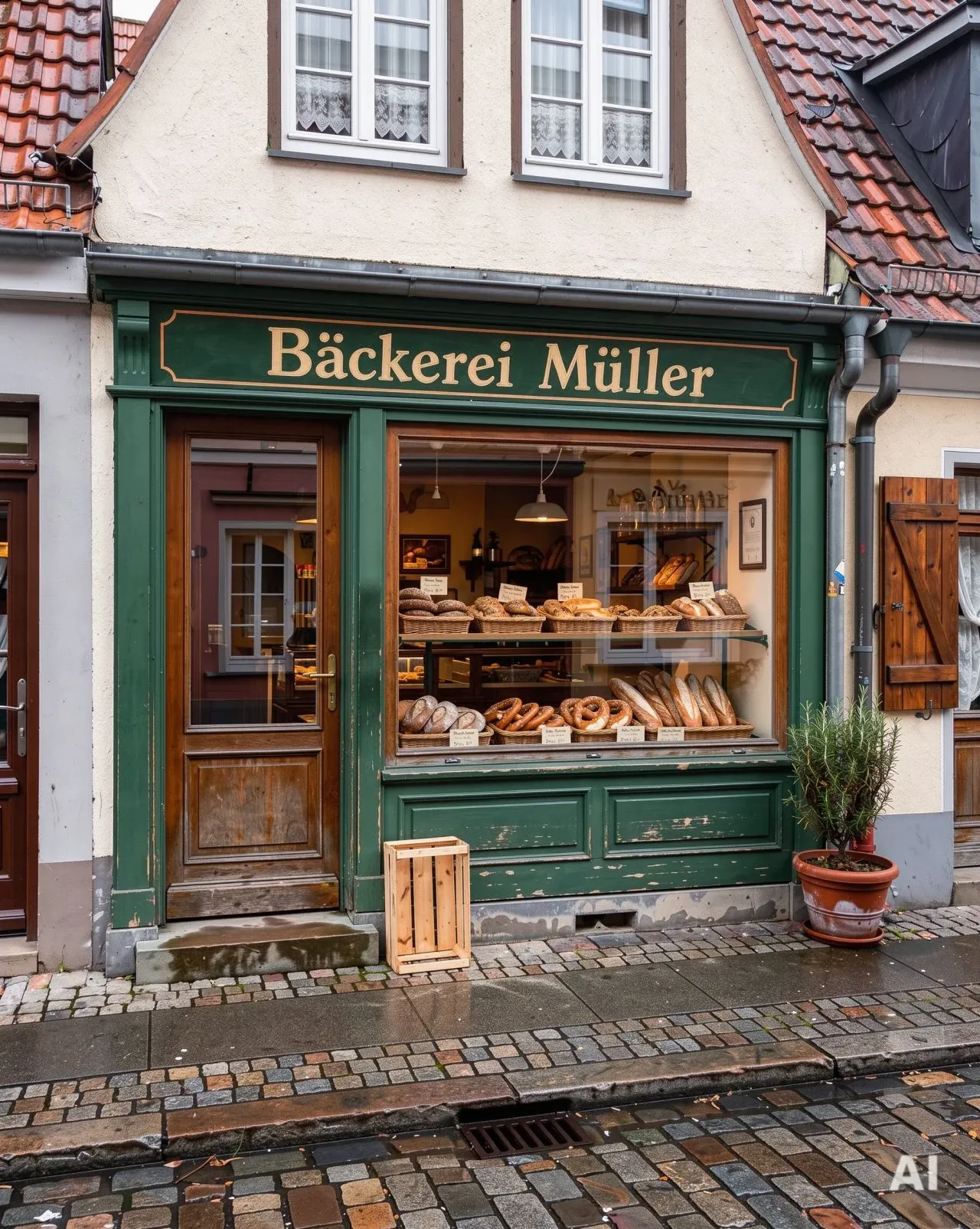 Altstadt-Bäckerei mit grüner Holzfassade und dem Schriftzug „Bäckerei Müller“, im Schaufenster Brote und Brezeln, davor nasses Kopfsteinpflaster.