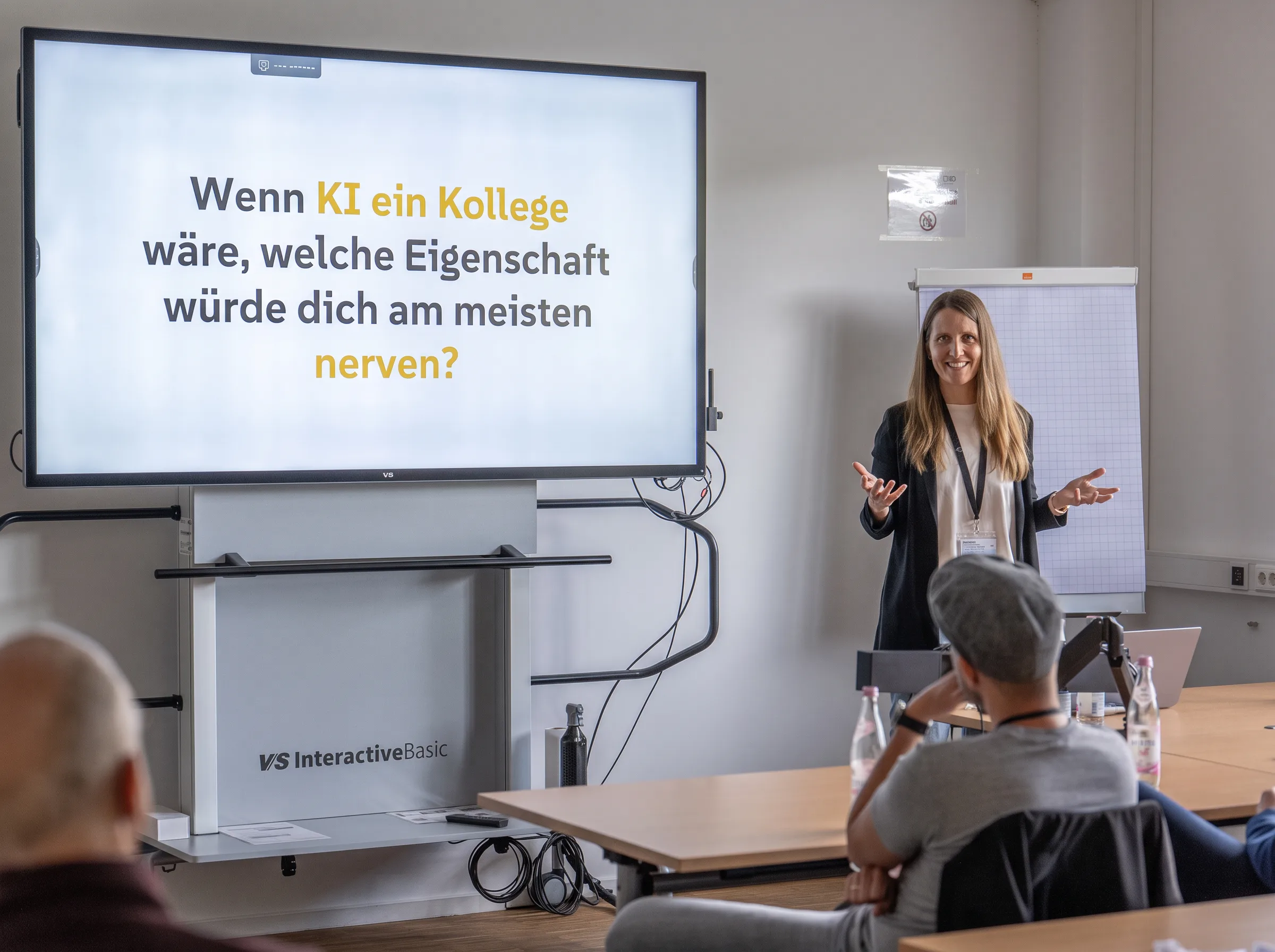 Dr. Vroni Hackl spricht lächelnd vor einer Gruppe, neben ihr die Präsentationsfrage „Wenn KI ein Kollege wäre, welche Eigenschaft würde dich am meisten nerven?“