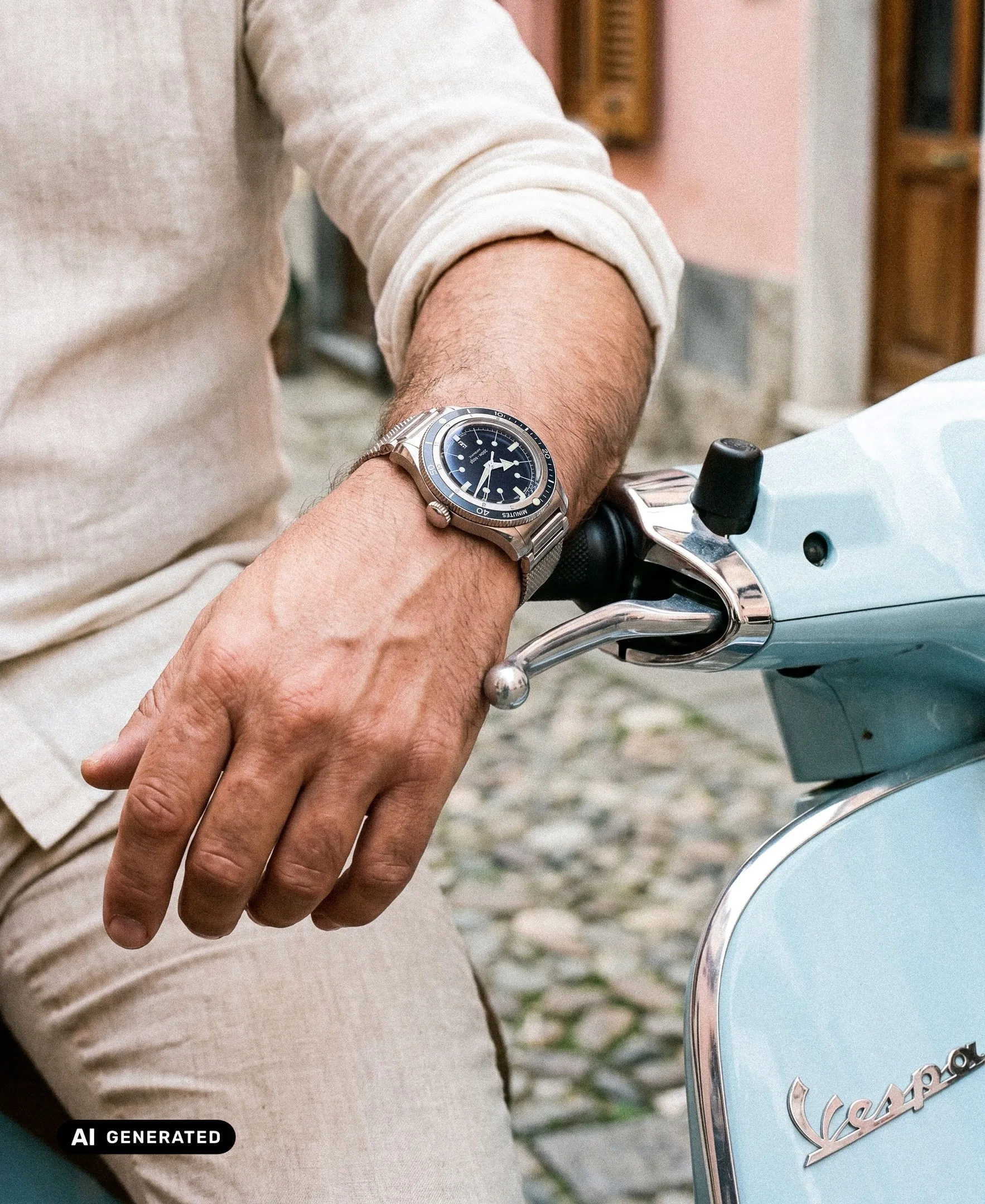 Kampagnenmotiv einer Armbanduhr am Handgelenk vor einer hellblauen Vespa, unten links die Kennzeichnung „AI generated“