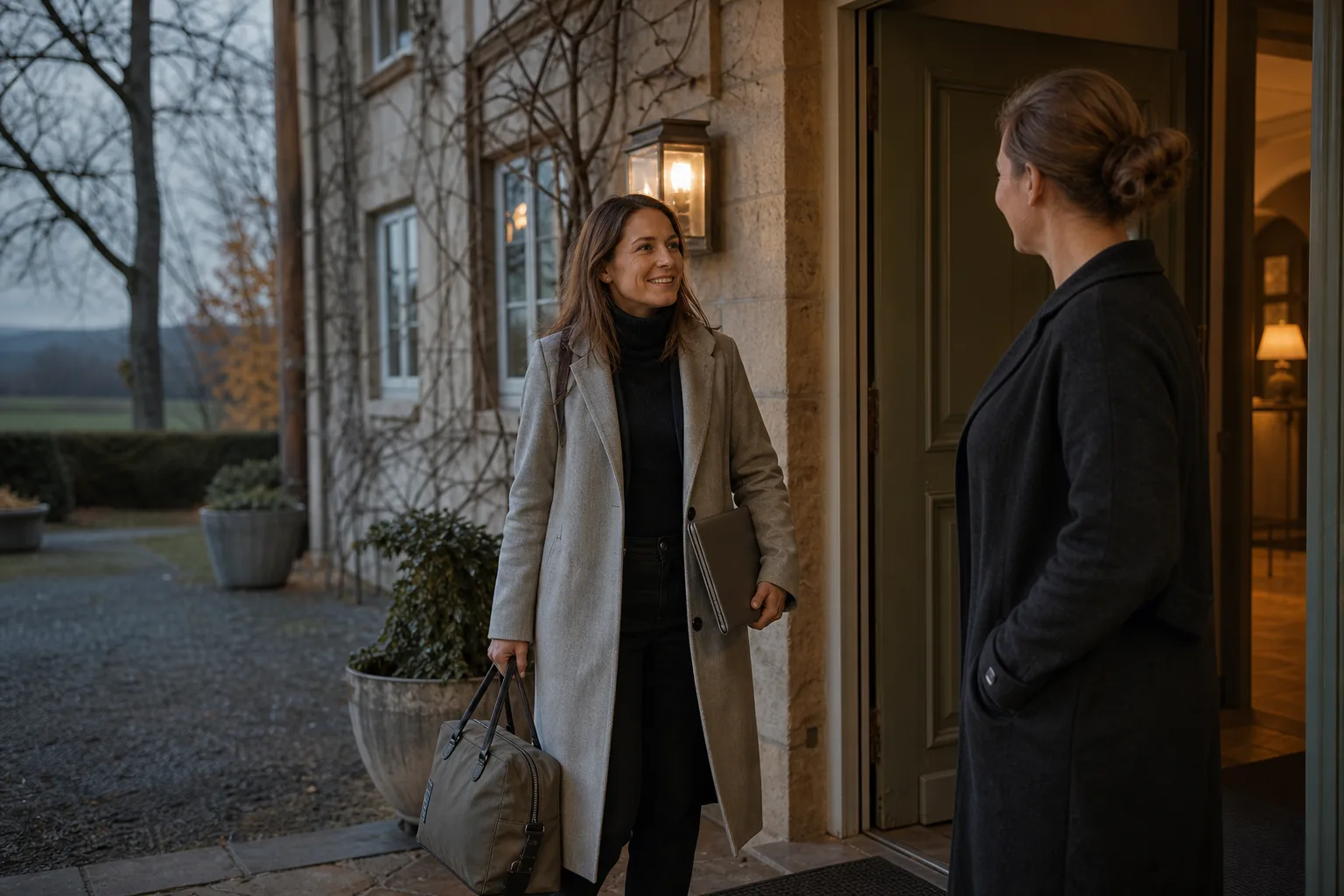 Eine Teilnehmerin kommt am Abend im Landhotel an und wird begrüßt