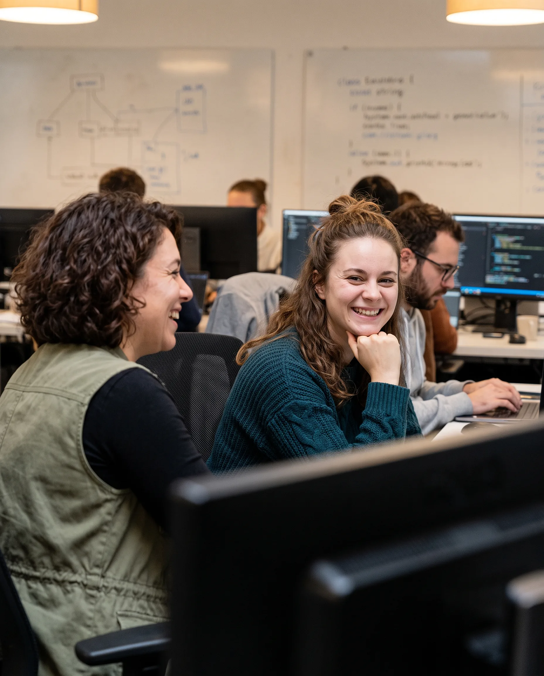 Zwei lachende Frauen an Computerarbeitsplätzen, weitere Personen arbeiten im Hintergrund