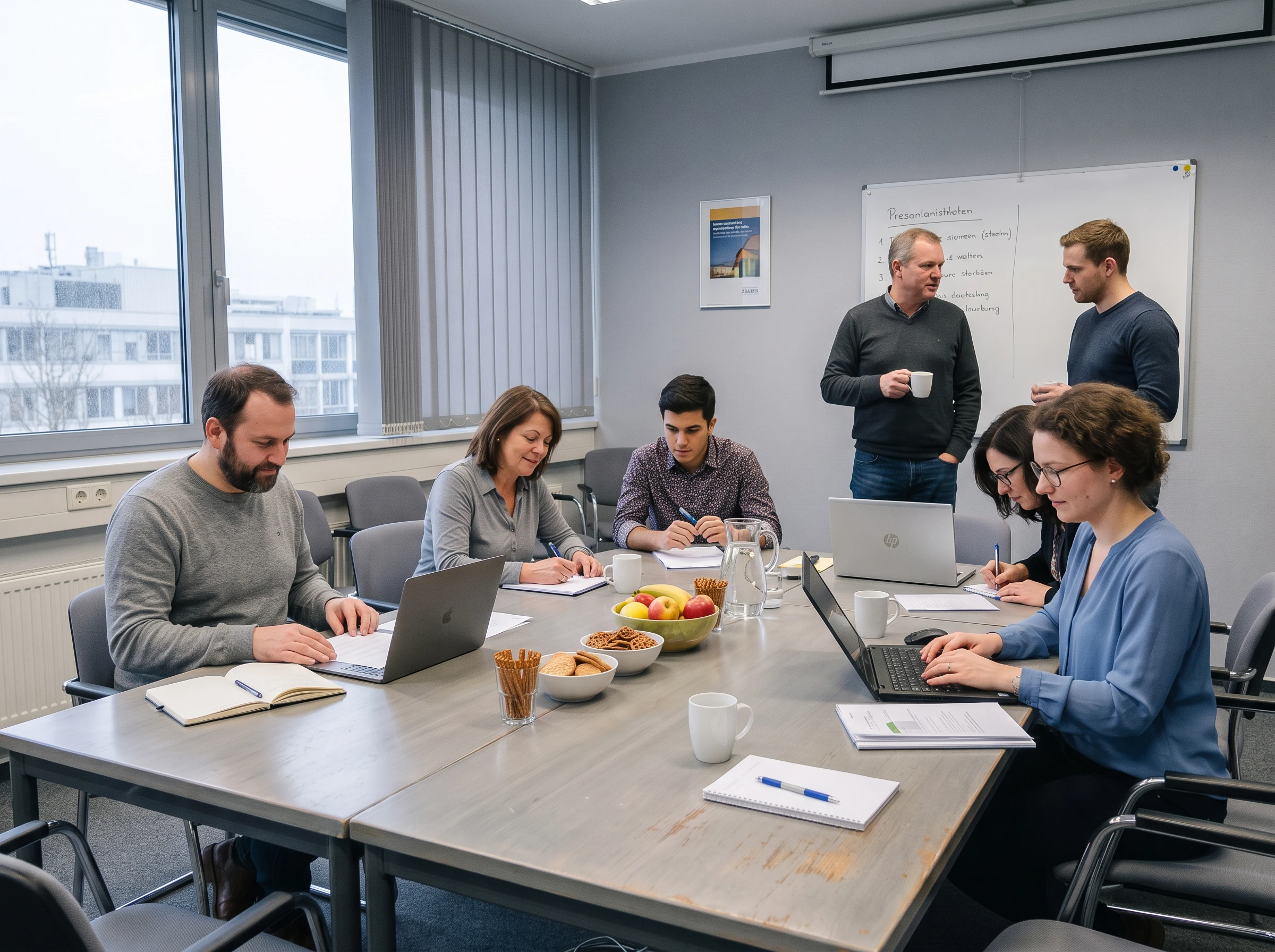 Team arbeitet mit Laptops und Notizen an einem Besprechungstisch im Seminarraum