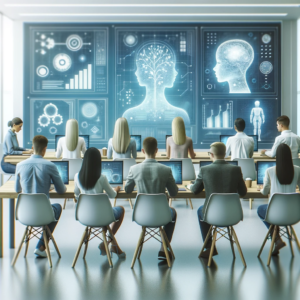a couple of professionals seated at desks in a modern classroom, focused on their laptop screens with an expansive digital display of AI and brain graphics in the background, illustrating a collaborative AI training session.