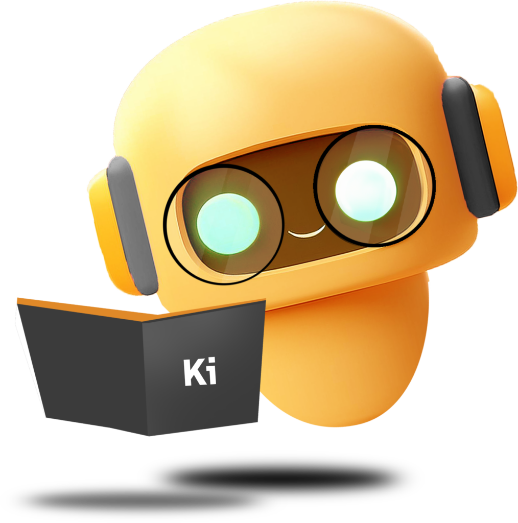 A cute, orange-colored robot with a rounded head and glowing green eyes, wearing black headphones. The robot is holding a black book labeled "Ki" and has a friendly expression, suggesting it's engaged in learning or reading. The design is cartoonish and playful, evoking a sense of approachability and technological curiosity.