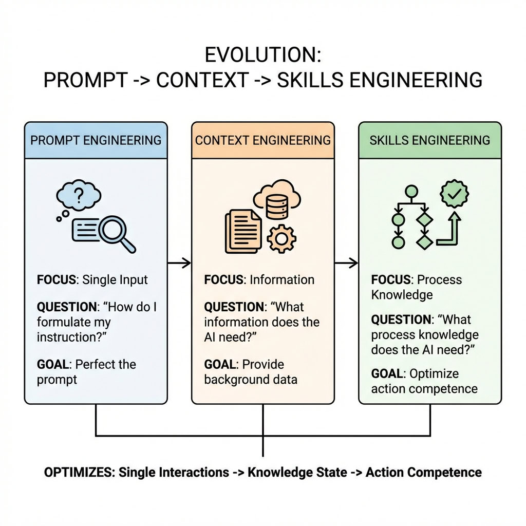 Minimalistische, quadratische Infografik mit dem Haupttitel "EVOLUTION: PROMPT -> CONTEXT -> SKILLS ENGINEERING". Darunter befinden sich drei farblich kodierte, rechteckige Felder, die durch Pfeile von links nach rechts verbunden sind und einen Entwicklungsprozess darstellen. Das linke, hellblaue Feld ist betitelt mit "PROMPT ENGINEERING". Es enthält eine Ikone einer Gedankenblase mit einem Fragezeichen und einer Lupe über Text. Text darunter: "FOCUS: Single Input", "QUESTION: 'How do I formulate my instruction?'", "GOAL: Perfect the prompt". Ein Pfeil zeigt auf das mittlere, hellorange Feld mit dem Titel "CONTEXT ENGINEERING". Die Ikone zeigt Dokumente, eine Cloud-Datenbank und Zahnräder. Text darunter: "FOCUS: Information", "QUESTION: 'What information does the AI need?'", "GOAL: Provide background data". Ein weiterer Pfeil zeigt auf das rechte, hellgrüne Feld mit dem Titel "SKILLS ENGINEERING". Die Ikone zeigt ein Flussdiagramm mit Entscheidungsknoten und einem abgehakten Kontrollkästchen. Text darunter: "FOCUS: Process Knowledge", "QUESTION: 'What process knowledge does the AI need?'", "GOAL: Optimize action competence". Am unteren Rand der Grafik fasst eine Zeile das Ergebnis der Evolution zusammen: "OPTIMIZES: Single Interactions -> Knowledge State -> Action Competence".